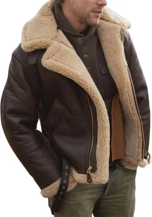 Men's Aviator Flying B3 Shearling Faux Sheepskin Leather Bomber Jackets Casual Warm Winter Coats