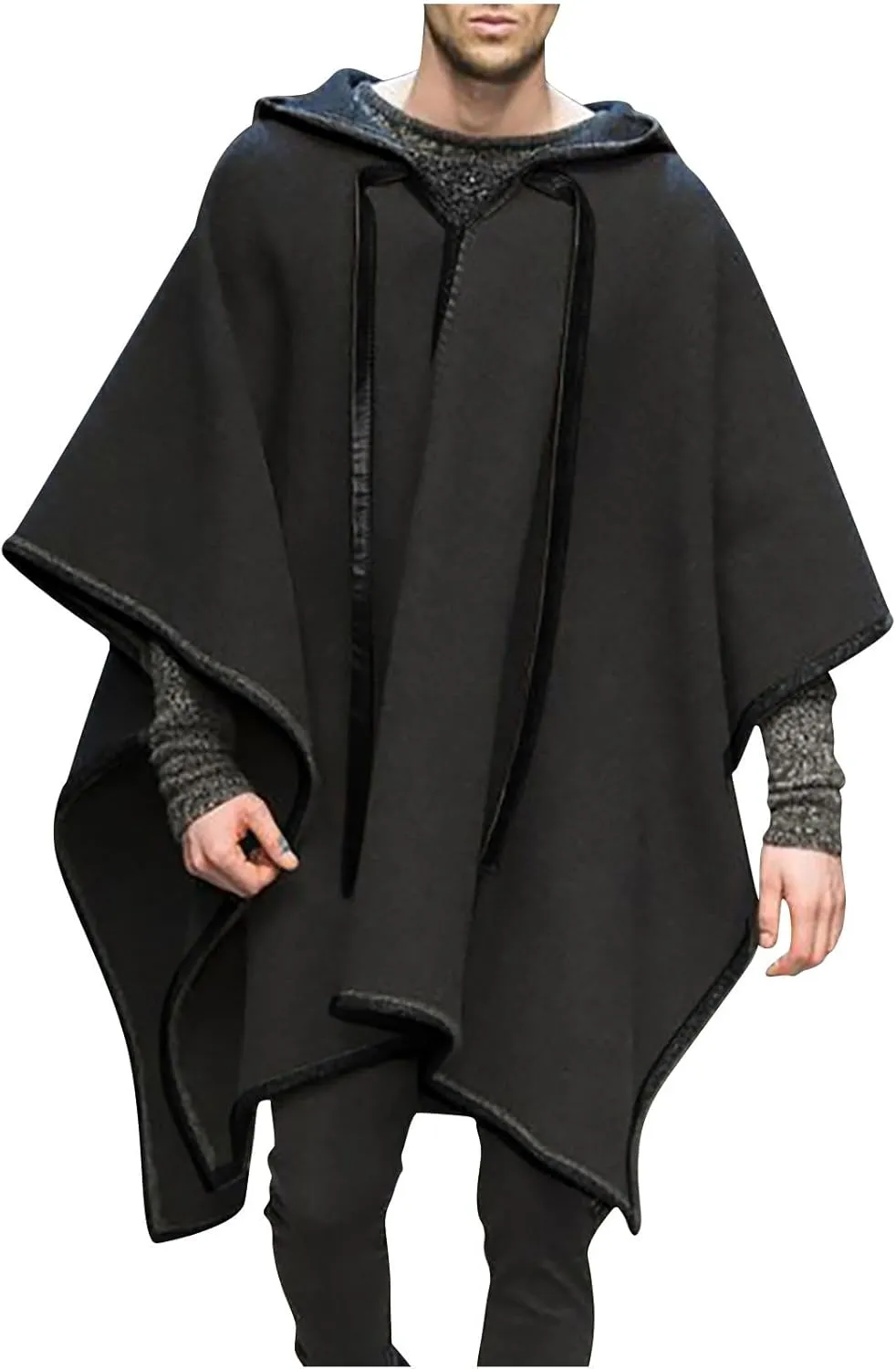 Mens Casual Hooded Poncho Cape Cloak Renaissance Medieval Oversized Batwing Sleeves Hooded Cape Unisex Zip Up Hoodie