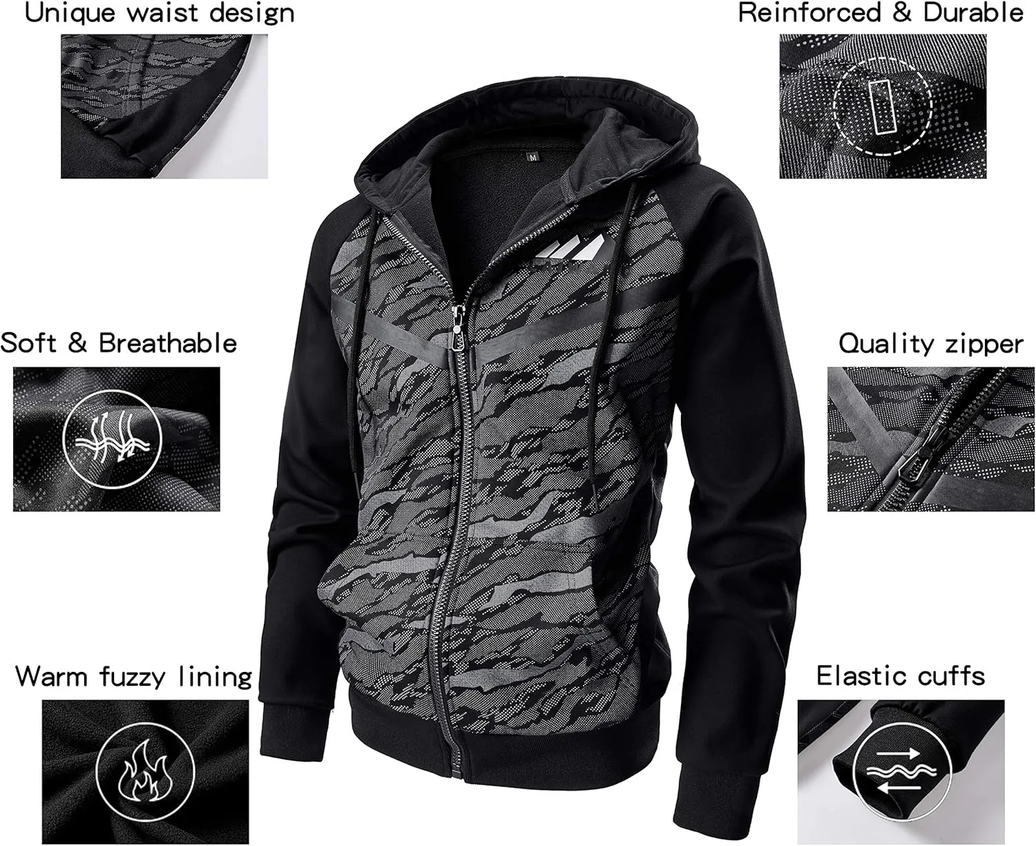 Men's Color Block Hoodie-Full Zip Ultimate Heavyweight Fleece Hoodie-Camo zip up hoodie With Kanga Pocket