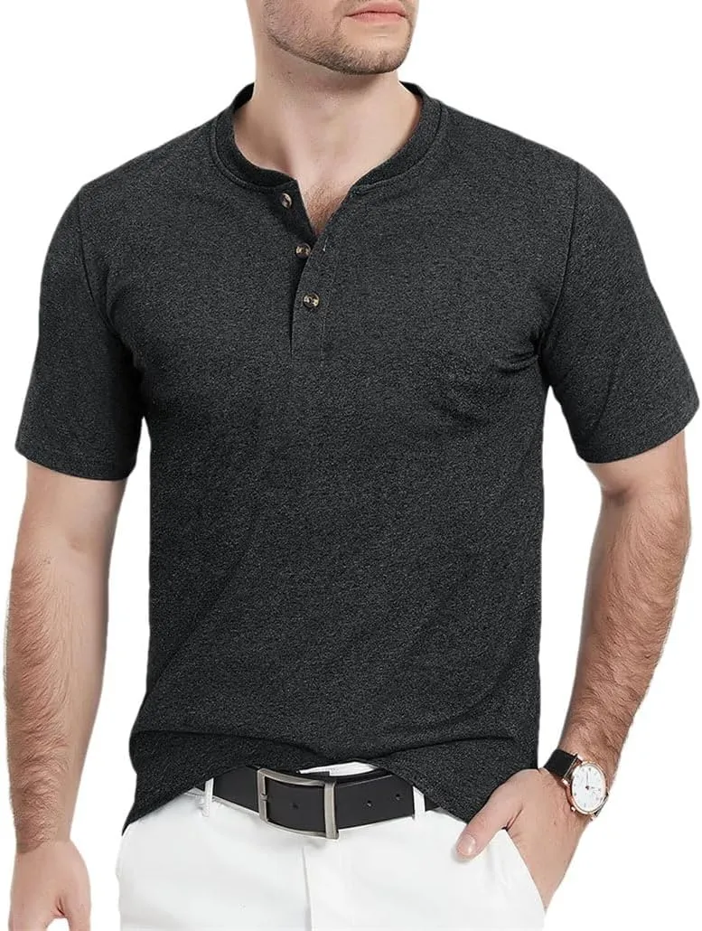Men's Cotton Short Sleeve Henry Neck Tee Shirts Summer Lightweight Quick Dry Tee Shirts Casual Tops
