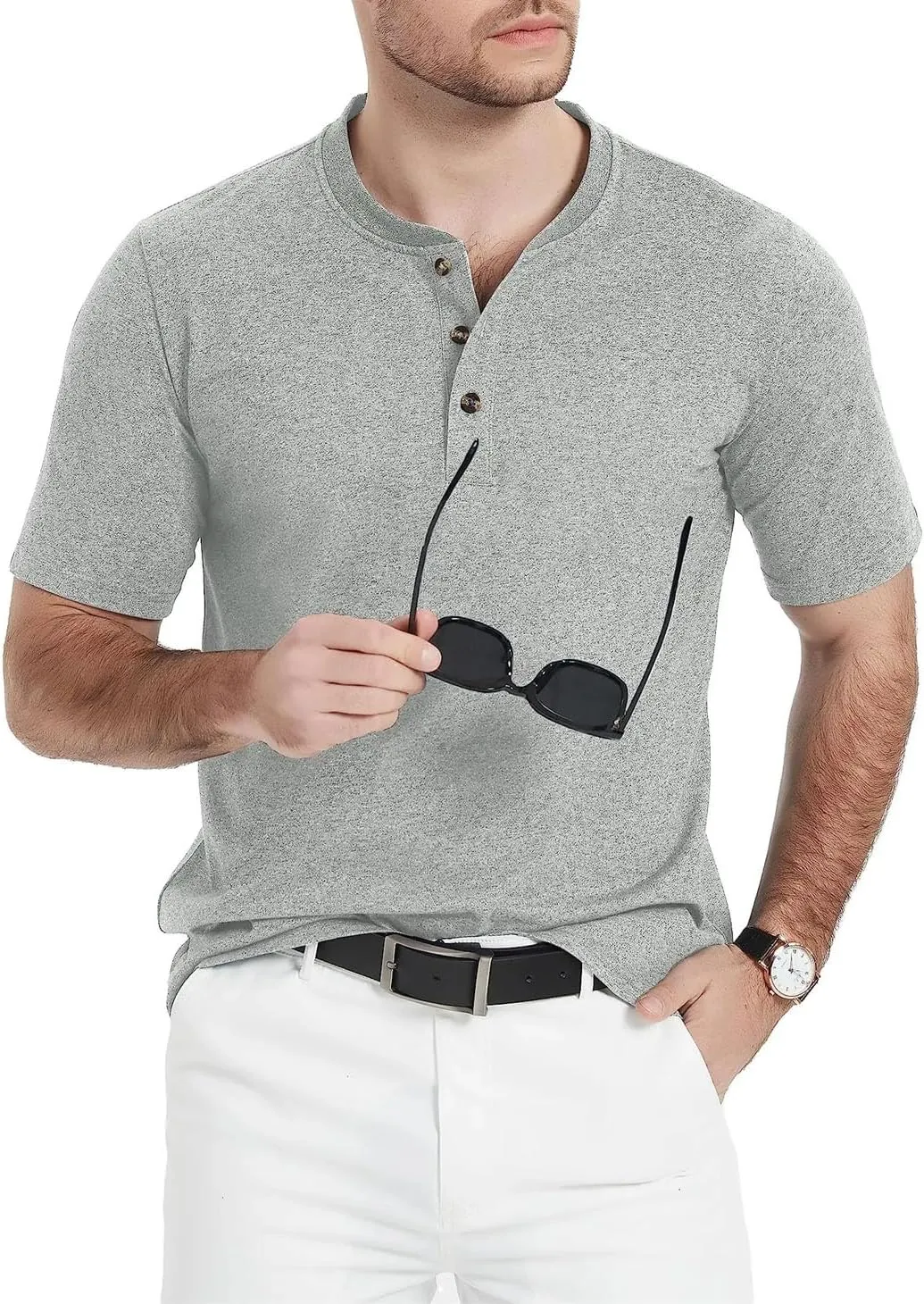 Men's Cotton Short Sleeve Henry Neck Tee Shirts Summer Lightweight Quick Dry Tee Shirts Casual Tops
