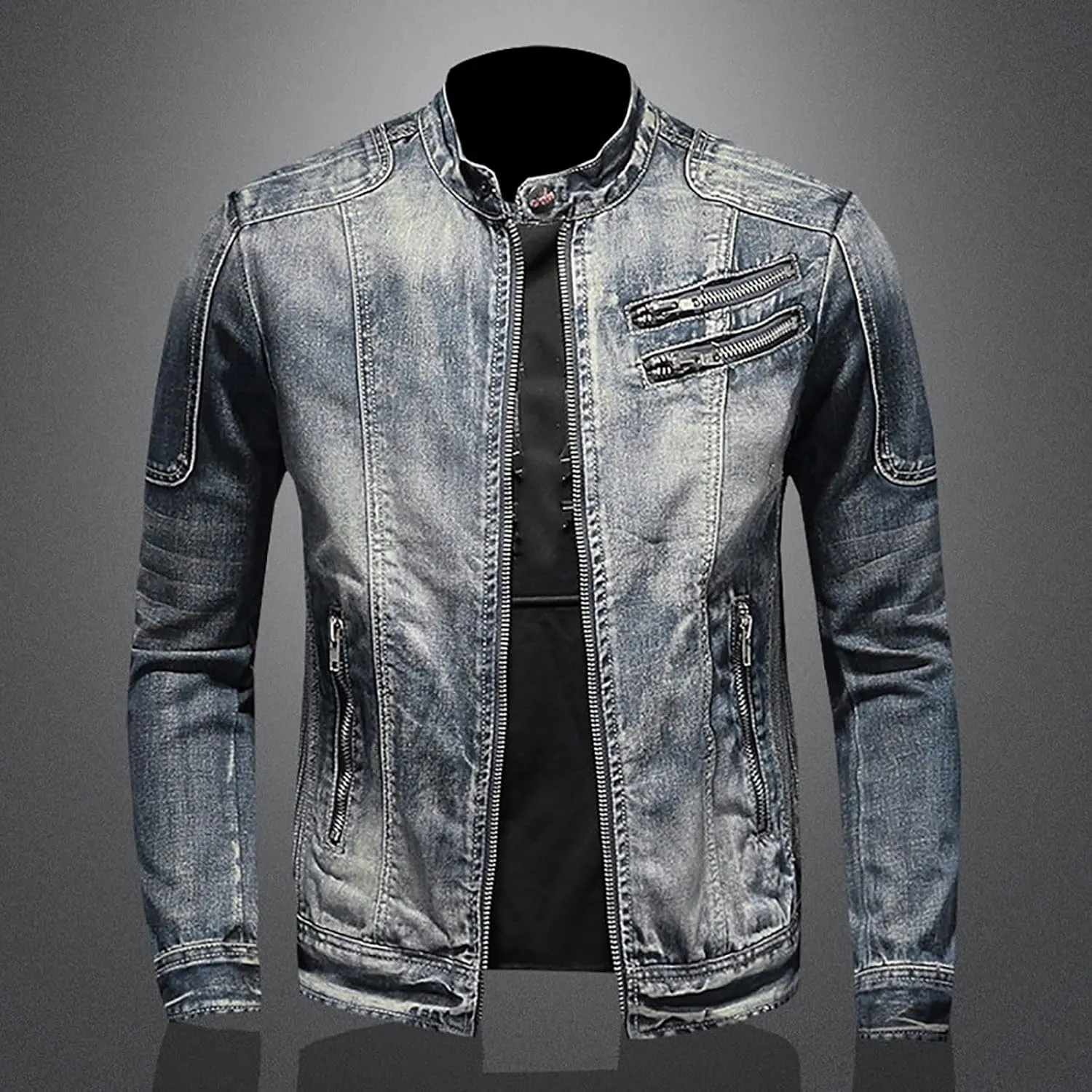 Men's Denim Jacket Fashion Punk Style Hipster Streetwear Coat Zip Pocket Stand Collar Plus Size Cargo Outwear Tops