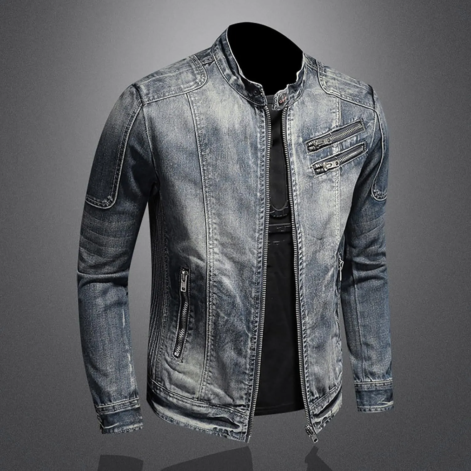 Men's Denim Jacket Fashion Punk Style Hipster Streetwear Coat Zip Pocket Stand Collar Plus Size Cargo Outwear Tops