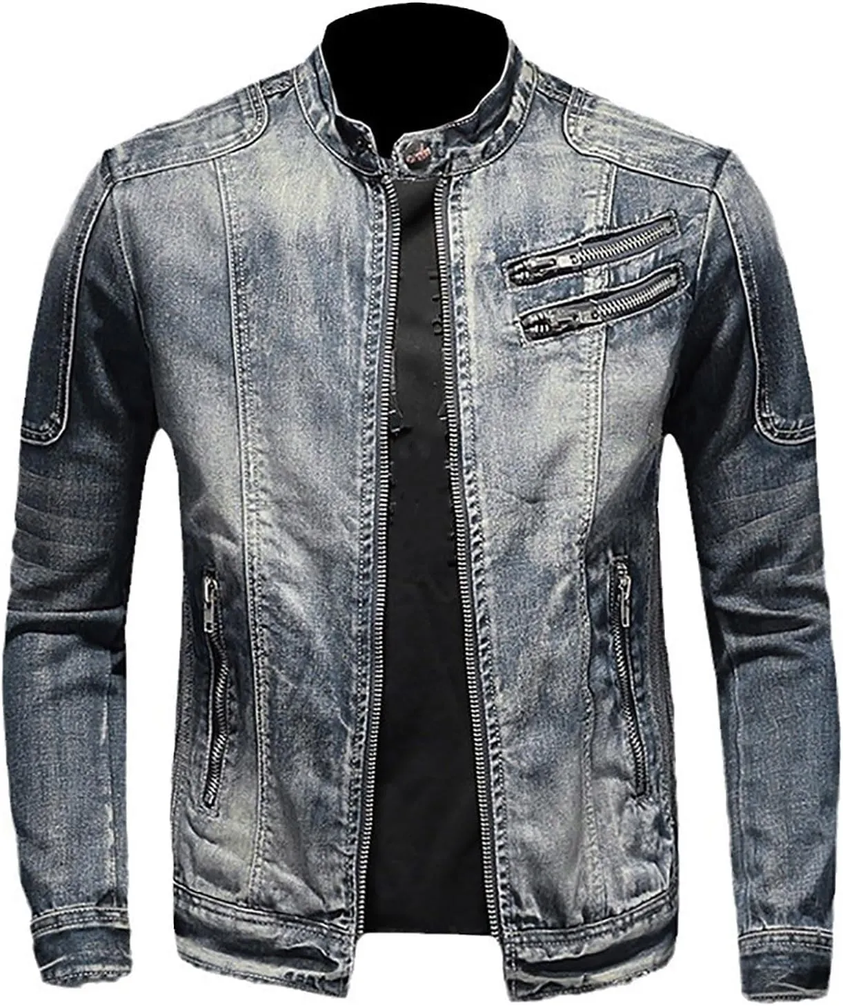 Men's Denim Jacket Fashion Punk Style Hipster Streetwear Coat Zip Pocket Stand Collar Plus Size Cargo Outwear Tops