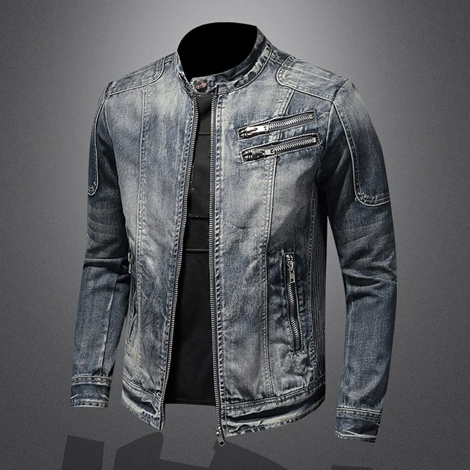 Men's Denim Jacket Fashion Punk Style Hipster Streetwear Coat Zip Pocket Stand Collar Plus Size Cargo Outwear Tops