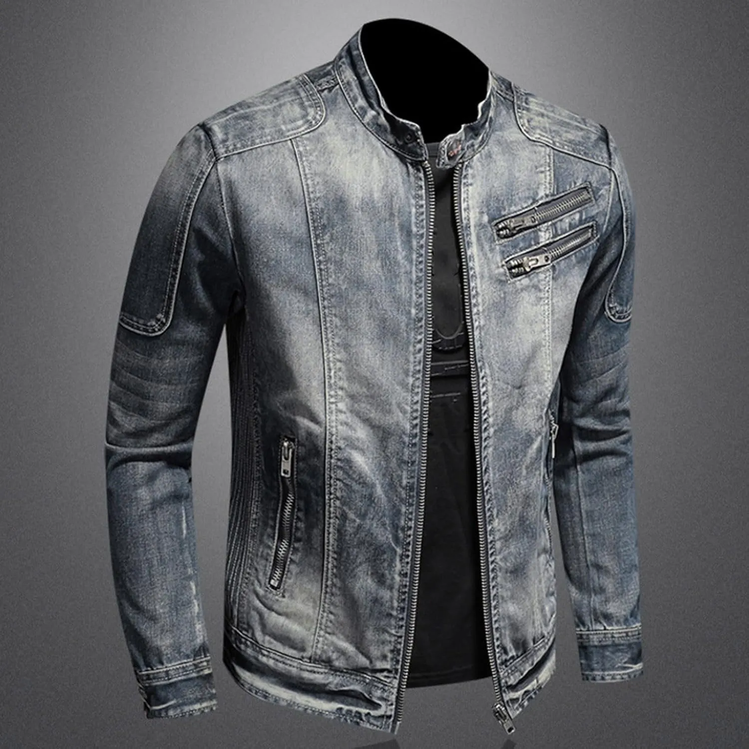 Men's Denim Jacket Fashion Punk Style Hipster Streetwear Coat Zip Pocket Stand Collar Plus Size Cargo Outwear Tops