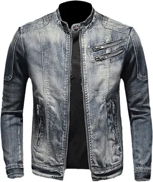 Men's Denim Jacket Fashion Punk Style Hipster Streetwear Coat Zip Pocket Stand Collar Plus Size Cargo Outwear Tops
