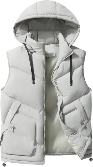 Men's Down Puffer Vest Hooded Sleeveless Jacket Zip Up Cotton Padded Waistcoat Coats with Pockets