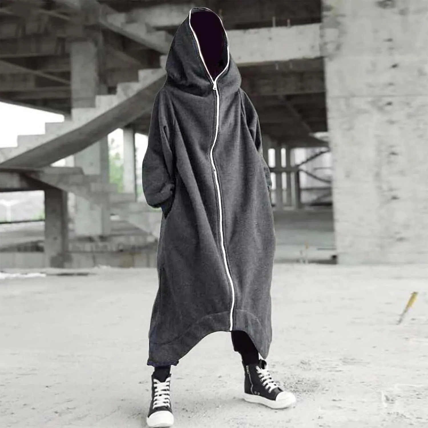 Mens Draped Cardigans Long Sleeve Hoodie Long Shawl Ruffle Hooded Sweater Dark Style Solid Color Jacket Fashion Coat
