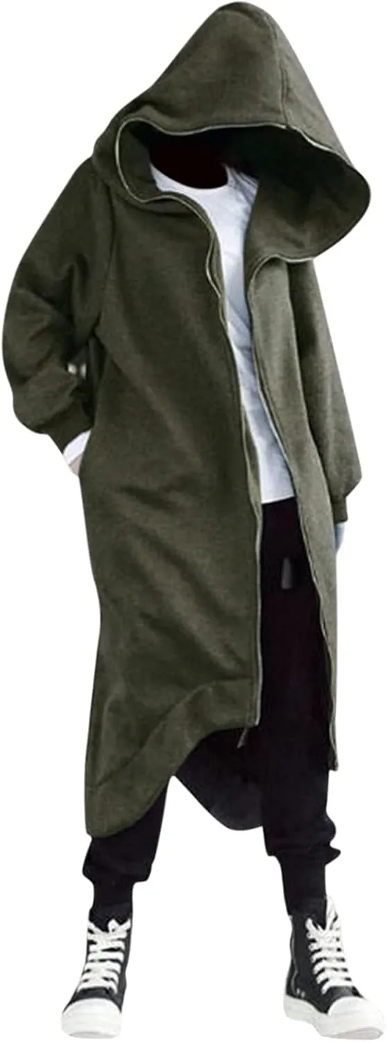 Mens Draped Cardigans Long Sleeve Hoodie Long Shawl Ruffle Hooded Sweater Dark Style Solid Color Jacket Fashion Coat