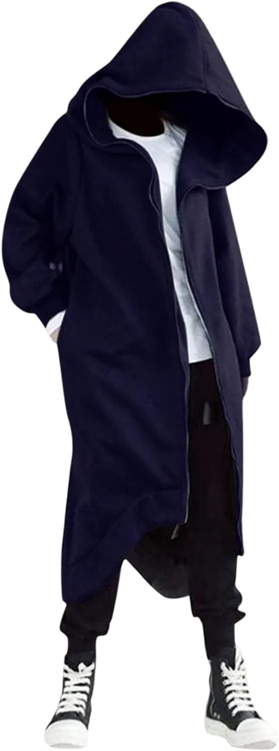 Mens Draped Cardigans Long Sleeve Hoodie Long Shawl Ruffle Hooded Sweater Dark Style Solid Color Jacket Fashion Coat