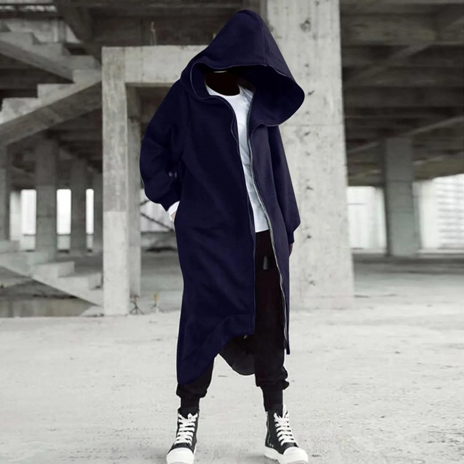 Mens Draped Cardigans Long Sleeve Hoodie Long Shawl Ruffle Hooded Sweater Dark Style Solid Color Jacket Fashion Coat