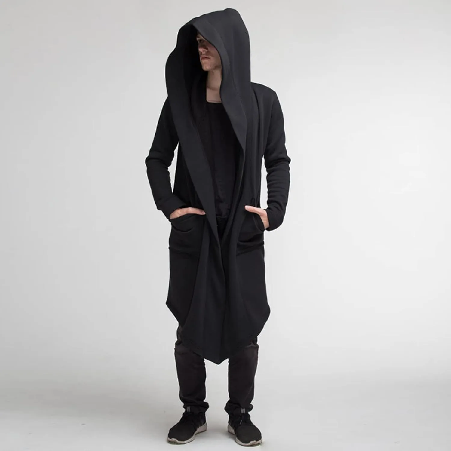 Mens Draped Cardigans Long Sleeve Hoodie Long Shawl Ruffle Hooded Sweater Dark Style Solid Color Jacket Fashion Coat
