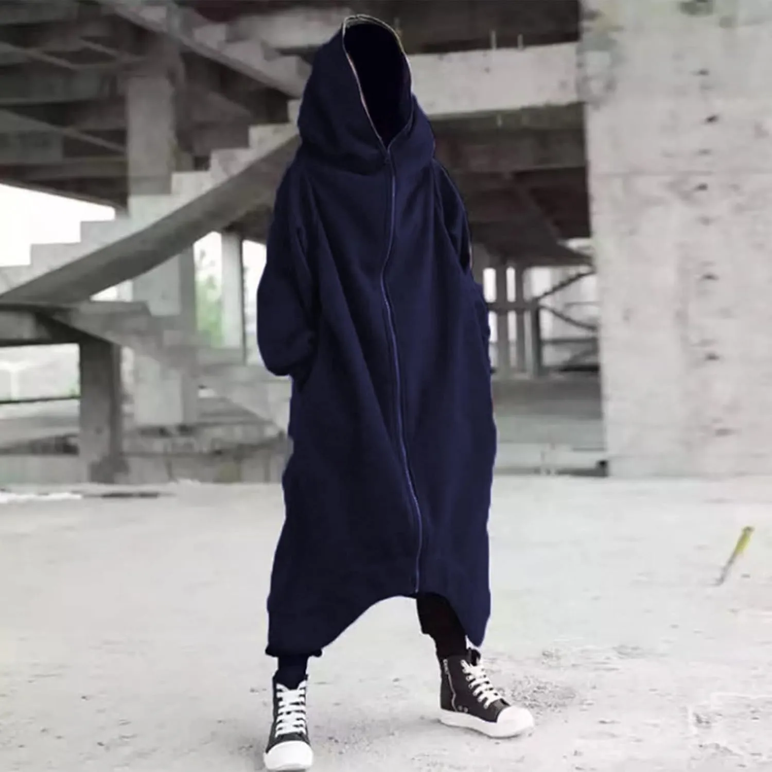 Mens Draped Cardigans Long Sleeve Hoodie Long Shawl Ruffle Hooded Sweater Dark Style Solid Color Jacket Fashion Coat