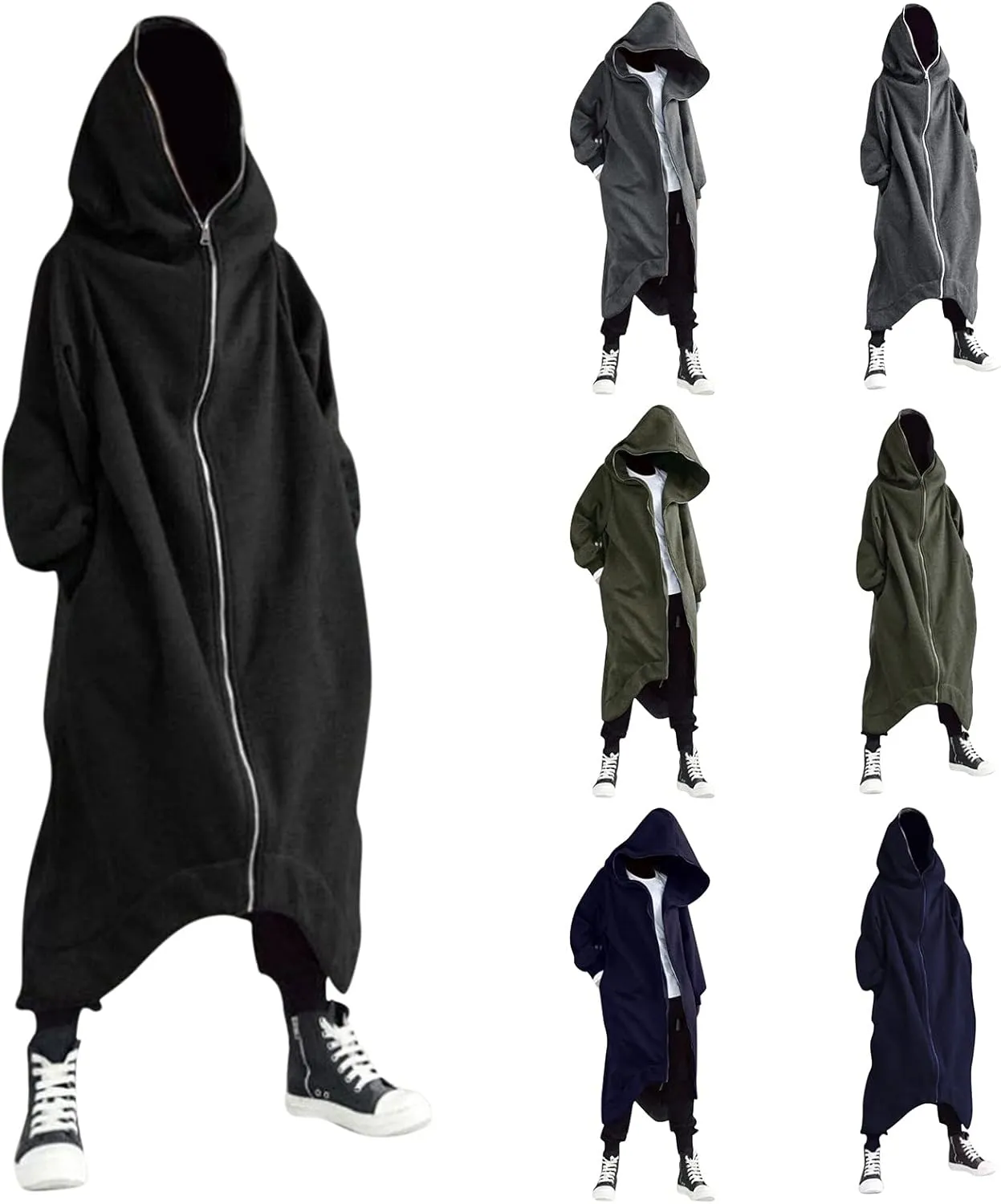 Mens Draped Cardigans Long Sleeve Hoodie Long Shawl Ruffle Hooded Sweater Dark Style Solid Color Jacket Fashion Coat