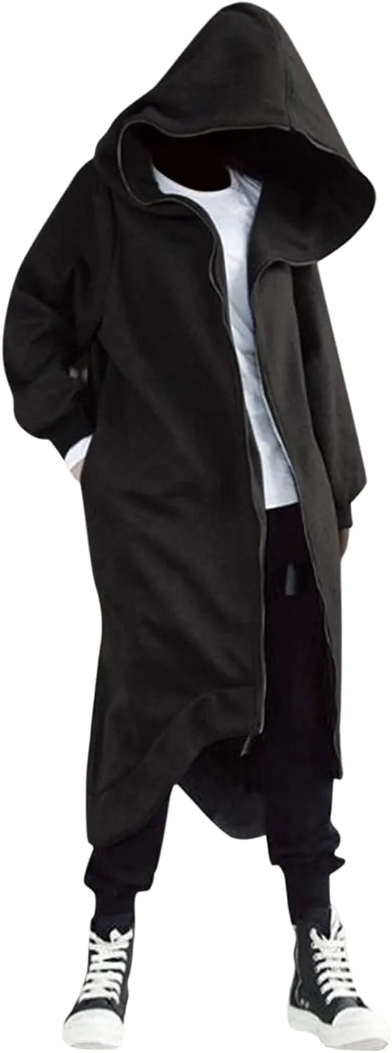 Mens Draped Cardigans Long Sleeve Hoodie Long Shawl Ruffle Hooded Sweater Dark Style Solid Color Jacket Fashion Coat