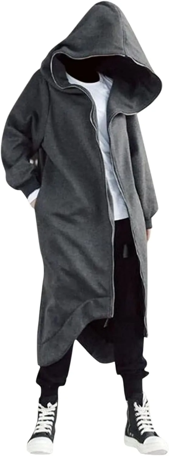 Mens Draped Cardigans Long Sleeve Hoodie Long Shawl Ruffle Hooded Sweater Dark Style Solid Color Jacket Fashion Coat