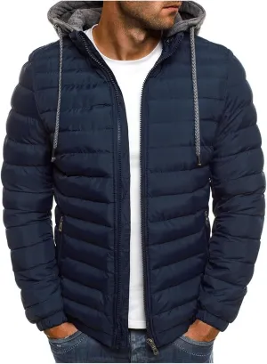 Men's Essential Lightweight Down Puffer Jacket Packable Winter Coat with Zip-Up Detachable Hood Warm Insulation