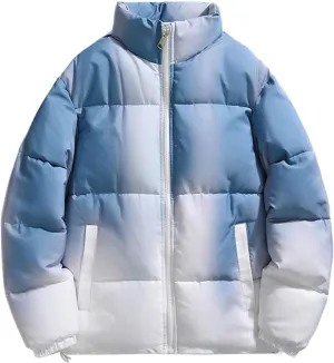Men's Gradient Puffer Jacket Winter Warm Down Coats Stand Collar Cotton Padded Waterproof Outerwear with Pockets