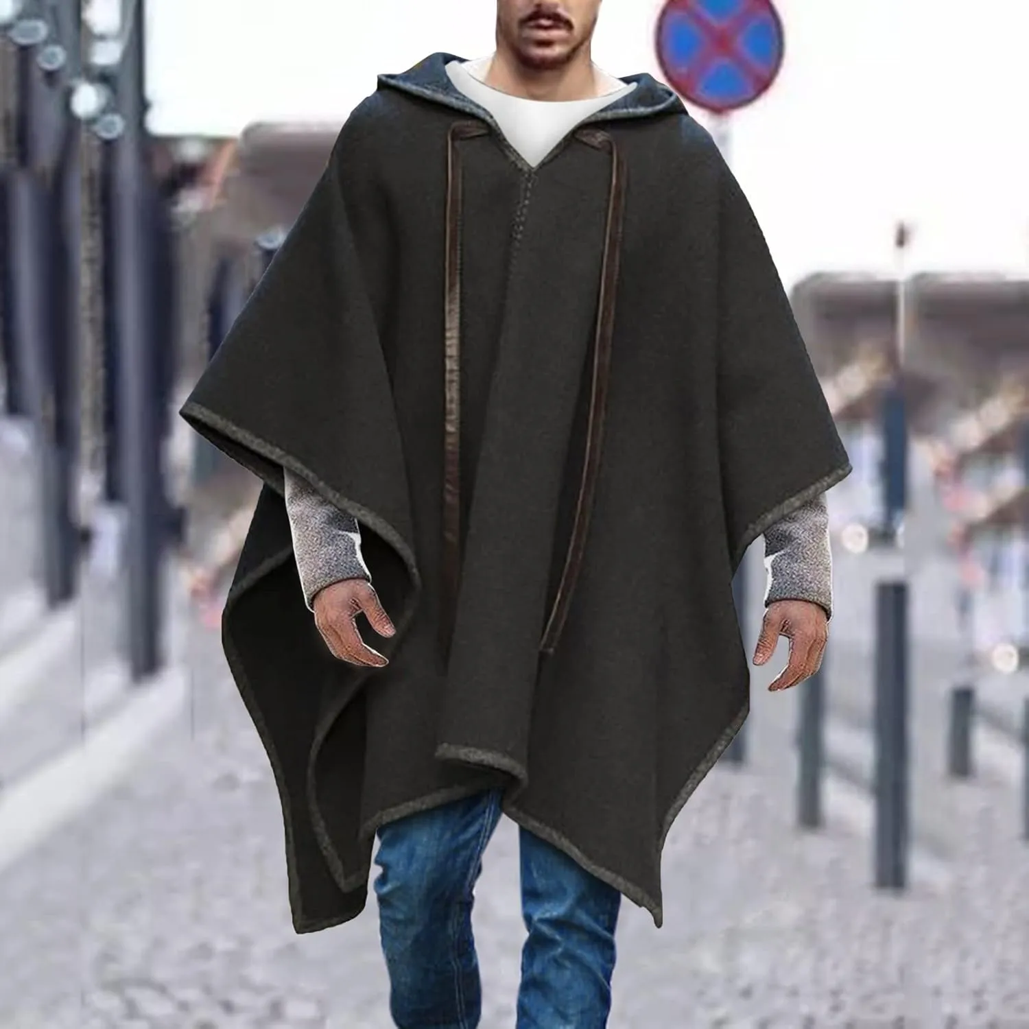 Men's Hooded Cloak Coat Long Cape Hooded Sweatshirt Casual Loose Vintage Poncho Adult Blanket Pullover Fashion Top