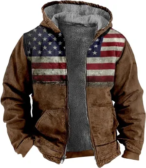Mens Hoodies Zip Up Fleece Jacket Thick Retro Flag Print Hoodie Sherpa Lined Winter Coat Fall Fashion Hoodie