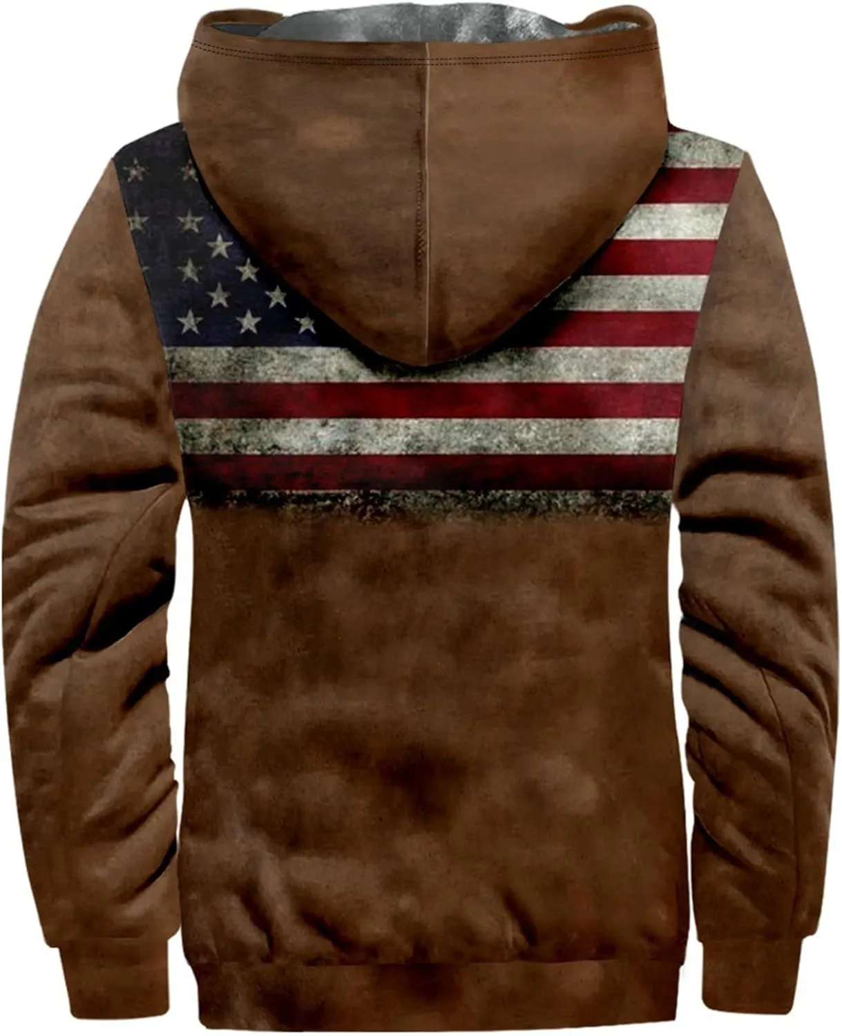 Mens Hoodies Zip Up Fleece Jacket Thick Retro Flag Print Hoodie Sherpa Lined Winter Coat Fall Fashion Hoodie