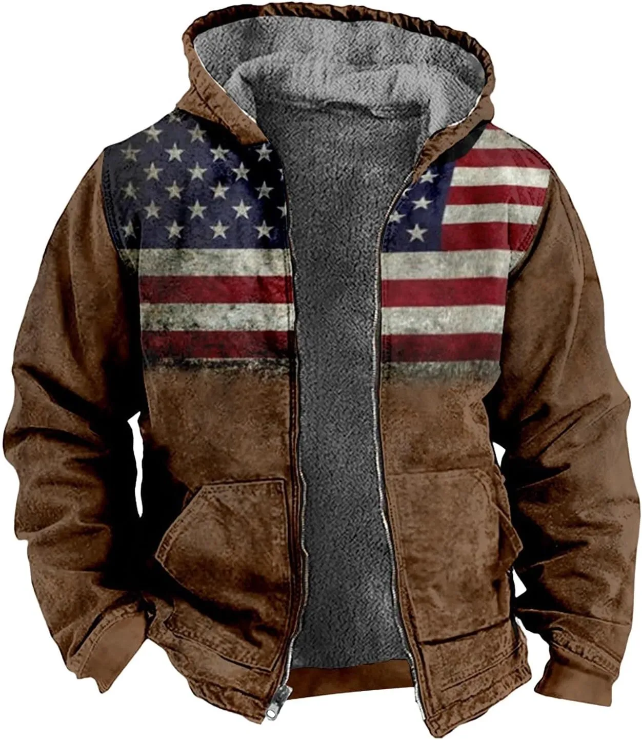 Mens Hoodies Zip Up Fleece Jacket Thick Retro Flag Print Hoodie Sherpa Lined Winter Coat Fall Fashion Hoodie