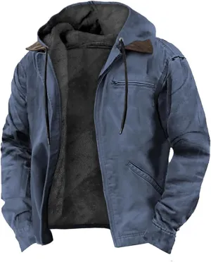 Men's Jacket Padded Velvet Cotton Hoodie Zip Up Long Sleeve Coat Casual Fleece Sherpa Lined Outwear with Pocket
