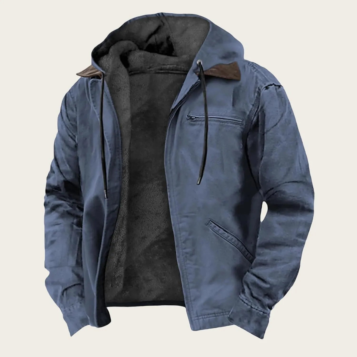 Men's Jacket Padded Velvet Cotton Hoodie Zip Up Long Sleeve Coat Casual Fleece Sherpa Lined Outwear with Pocket