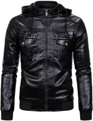 Men'S Leather Jacket Winter Vintage Zipper Hoodie Color Imitation Leather Coat