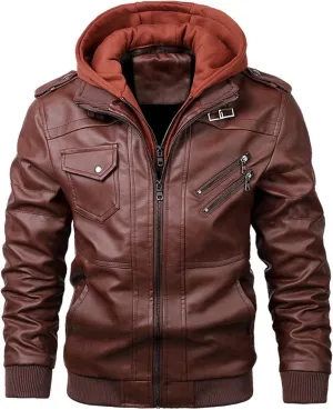 Men'S Leather Jacket Winter Vintage Zipper Hoodie Color Imitation Leather Coat