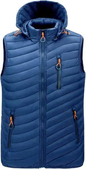 Men's Lightweight Vest with Hood Cotton-Padded Jacket Zipper Casual Warm Winter Outdoor Coat