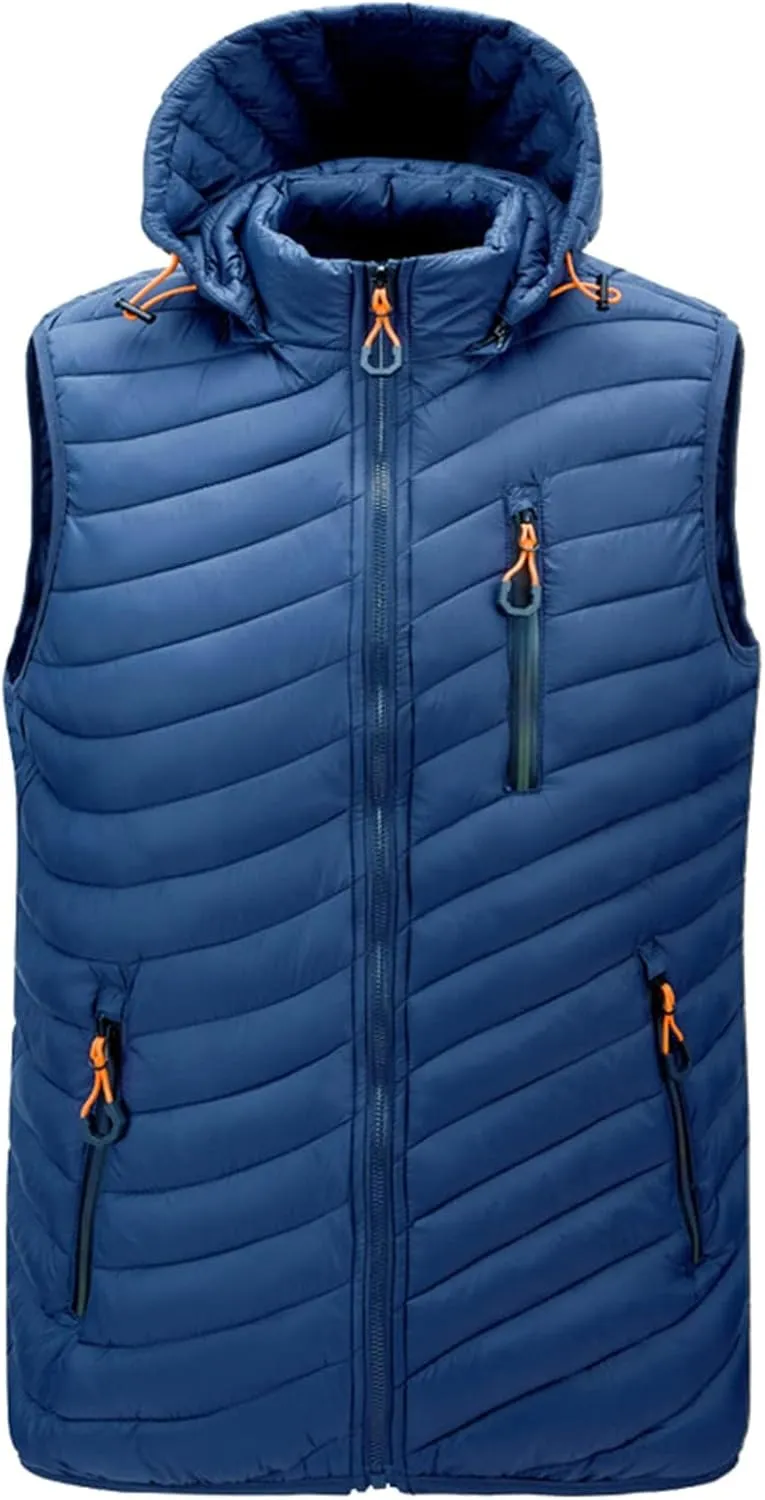 Men's Lightweight Vest with Hood Cotton-Padded Jacket Zipper Casual Warm Winter Outdoor Coat
