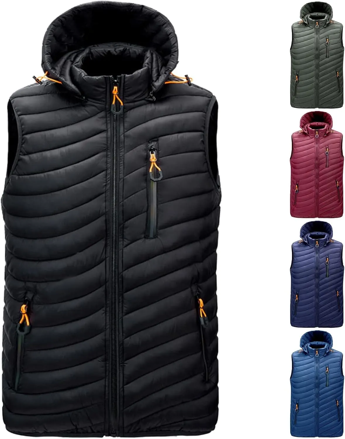 Men's Lightweight Vest with Hood Cotton-Padded Jacket Zipper Casual Warm Winter Outdoor Coat
