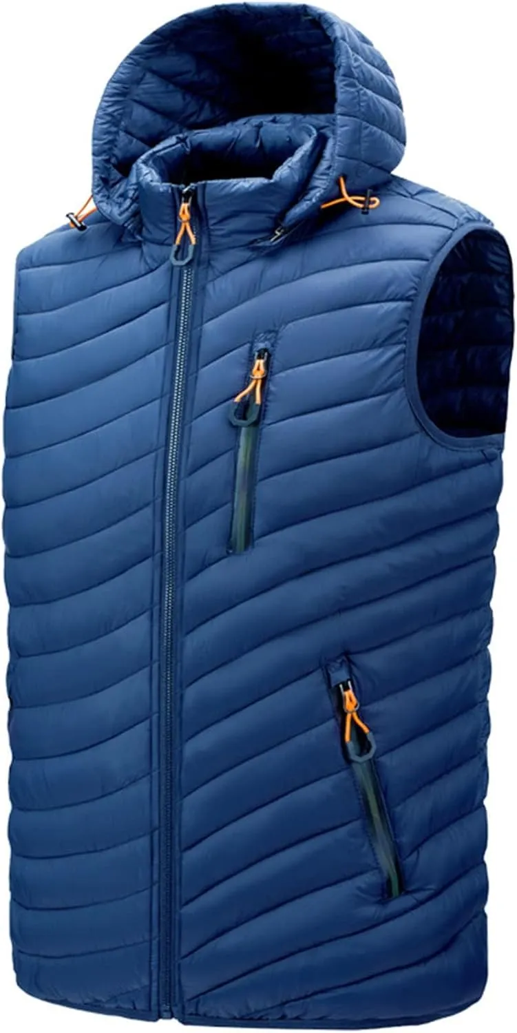 Men's Lightweight Vest with Hood Cotton-Padded Jacket Zipper Casual Warm Winter Outdoor Coat