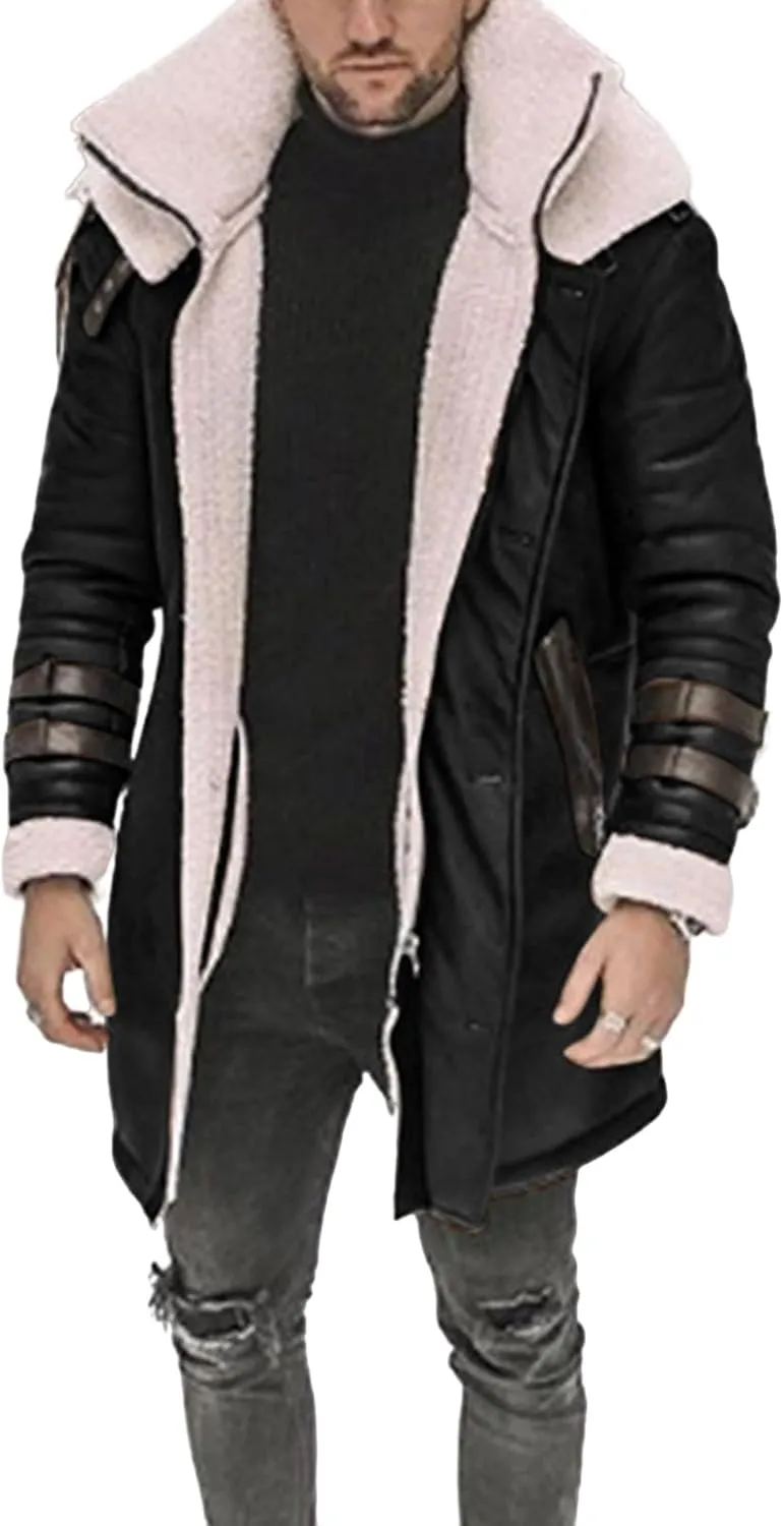 Mens Long Pea Sherpa Lined Trench Jacket Fleece Shearling Lining Heavyweight Suede Leather for Hunting Trucking
