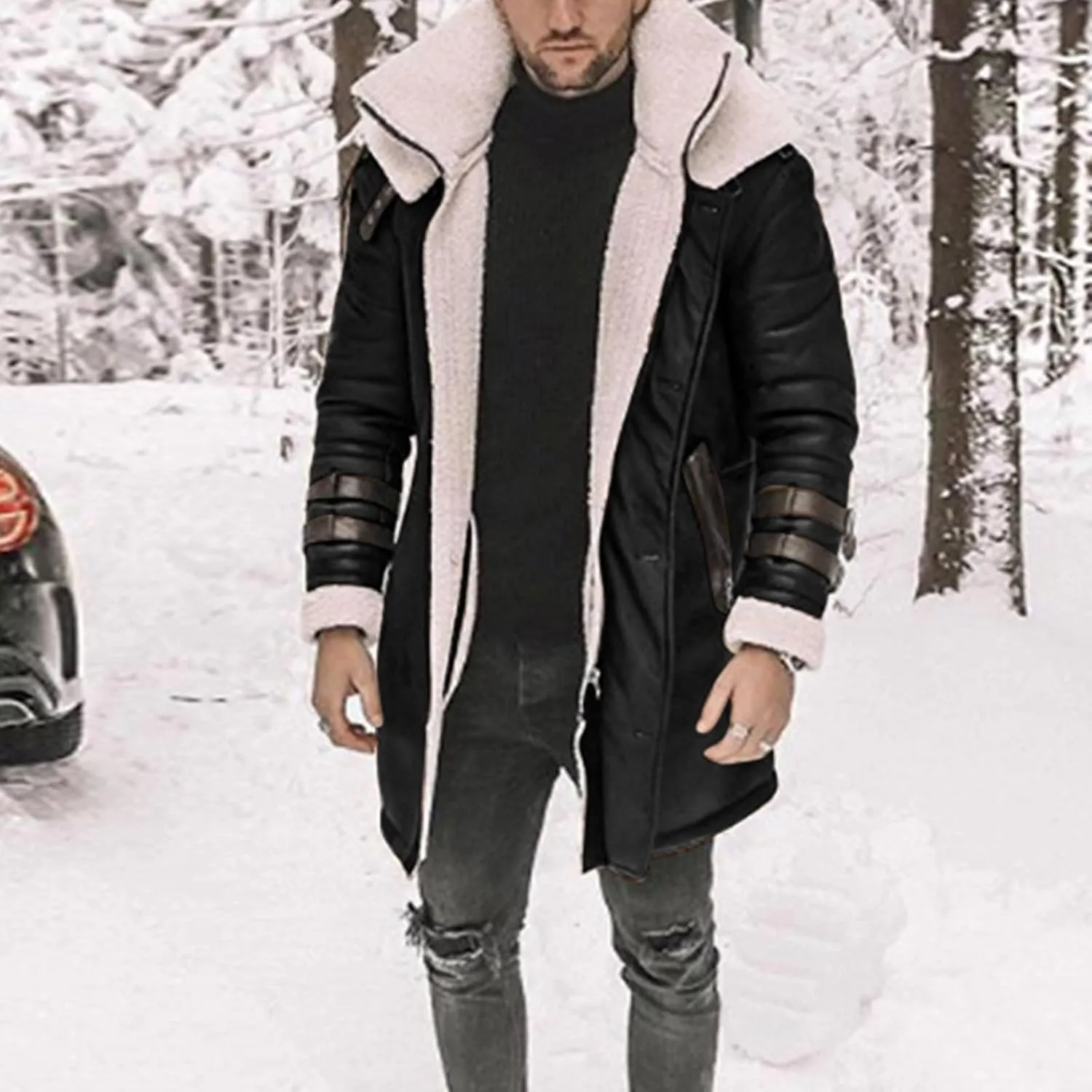 Mens Long Pea Sherpa Lined Trench Jacket Fleece Shearling Lining Heavyweight Suede Leather for Hunting Trucking