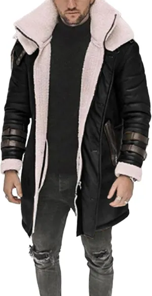 Mens Long Pea Sherpa Lined Trench Jacket Fleece Shearling Lining Heavyweight Suede Leather for Hunting Trucking