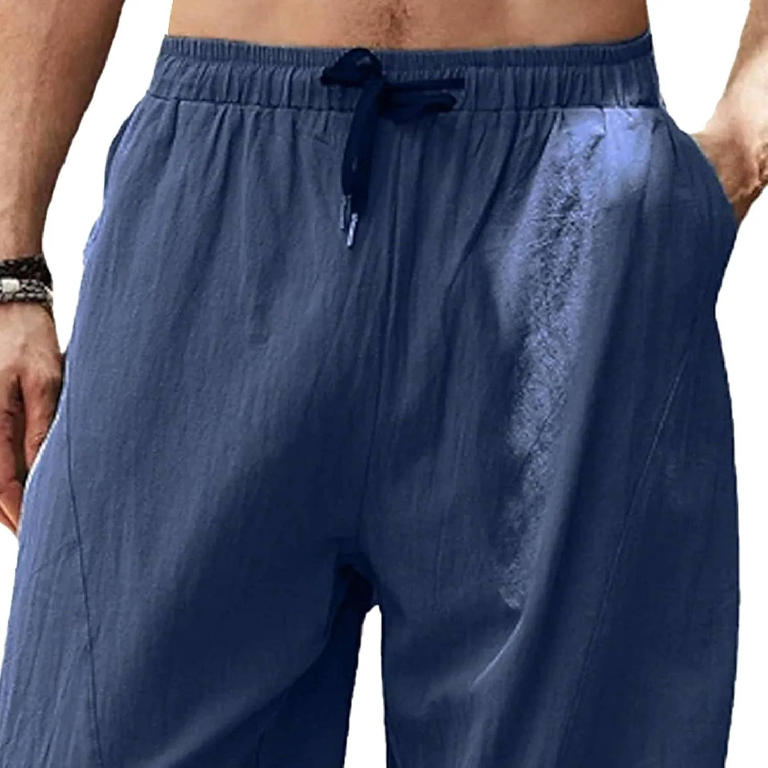 Mens Lounge Linen Pants Trendy Baggy Yoga Lightweight Slacks Casual Wide Leg Trousers with Pockets