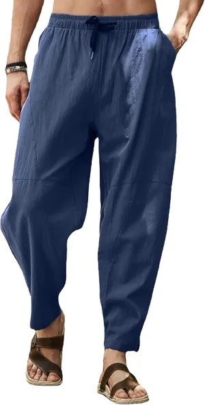 Mens Lounge Linen Pants Trendy Baggy Yoga Lightweight Slacks Casual Wide Leg Trousers with Pockets