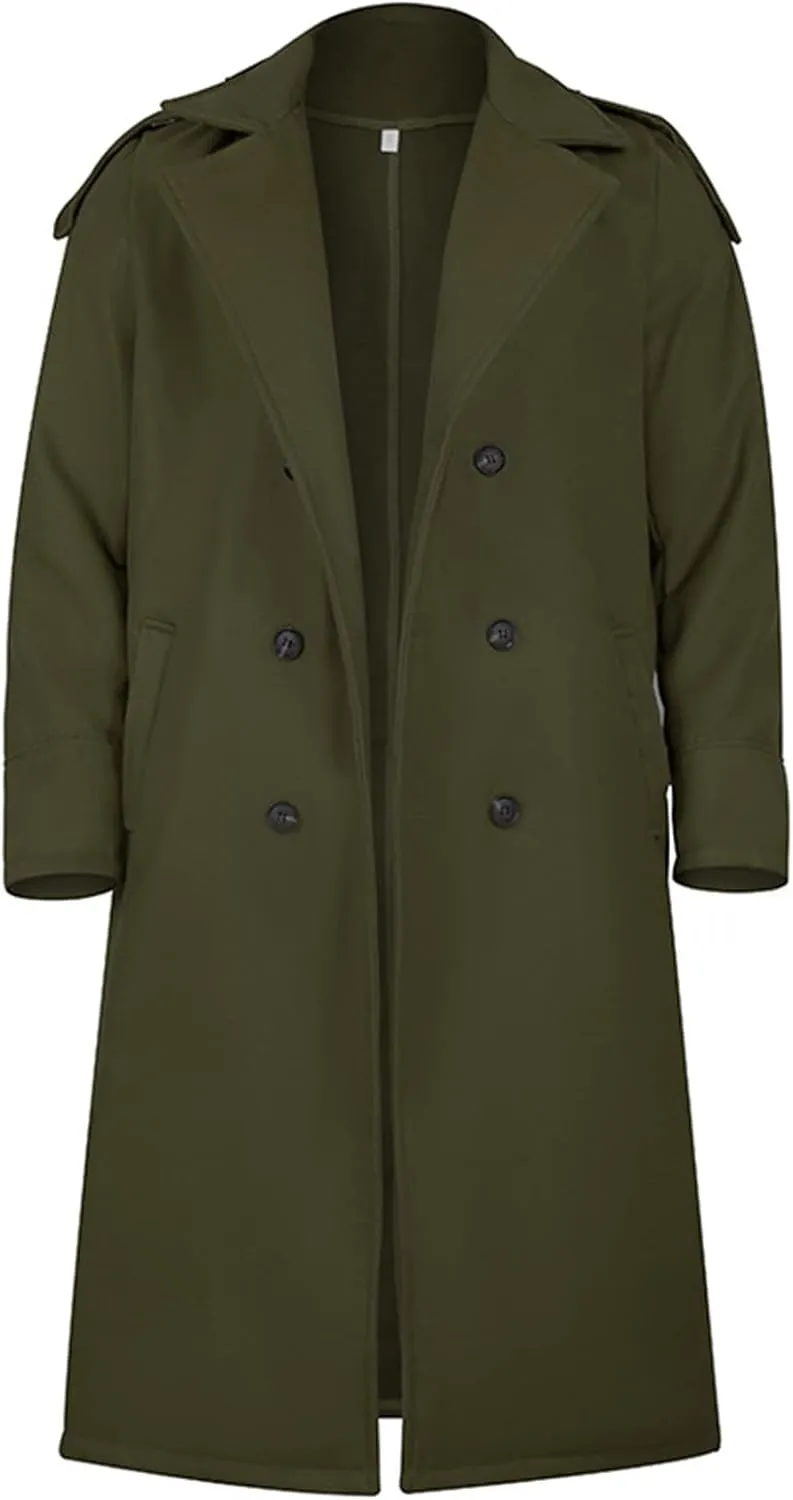 Men's Oversized Notched Lapel Long Faux Wool Blend Trench Coat Double Breasted Knee Length Business Winter Overcoats