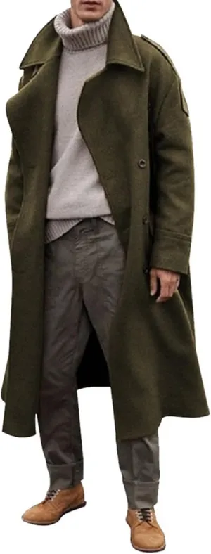 Men's Oversized Notched Lapel Long Faux Wool Blend Trench Coat Double Breasted Knee Length Business Winter Overcoats