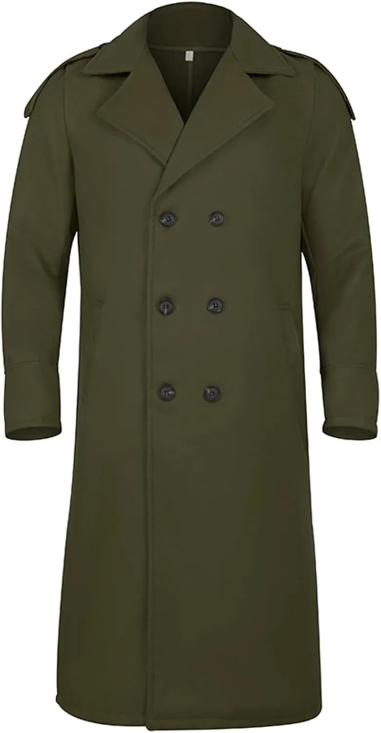 Men's Oversized Notched Lapel Long Faux Wool Blend Trench Coat Double Breasted Knee Length Business Winter Overcoats