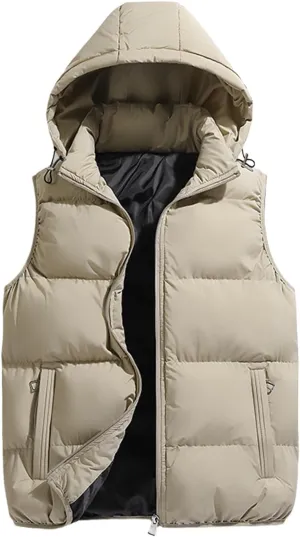 Men's Puffer Hooded Vest Thickened Padded Outdoor Detachable Hood Zipper Wear with Pockets for Casual for Autumn Winter