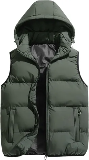 Men's Puffer Hooded Vest Thickened Padded Outdoor Detachable Hood Zipper Wear with Pockets for Casual for Autumn Winter
