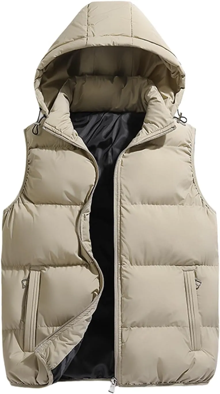 Men's Puffer Hooded Vest Thickened Padded Outdoor Detachable Hood Zipper Wear with Pockets for Casual for Autumn Winter