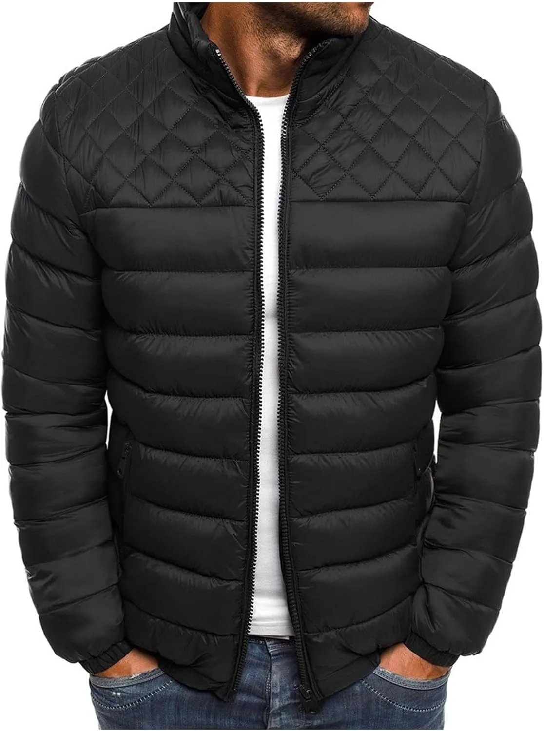 Mens Quilted Puffer Jackets Full Zip Casual Lightweight Coats Cotton Padded Down Jacket Warm Thick Thermal Outwear