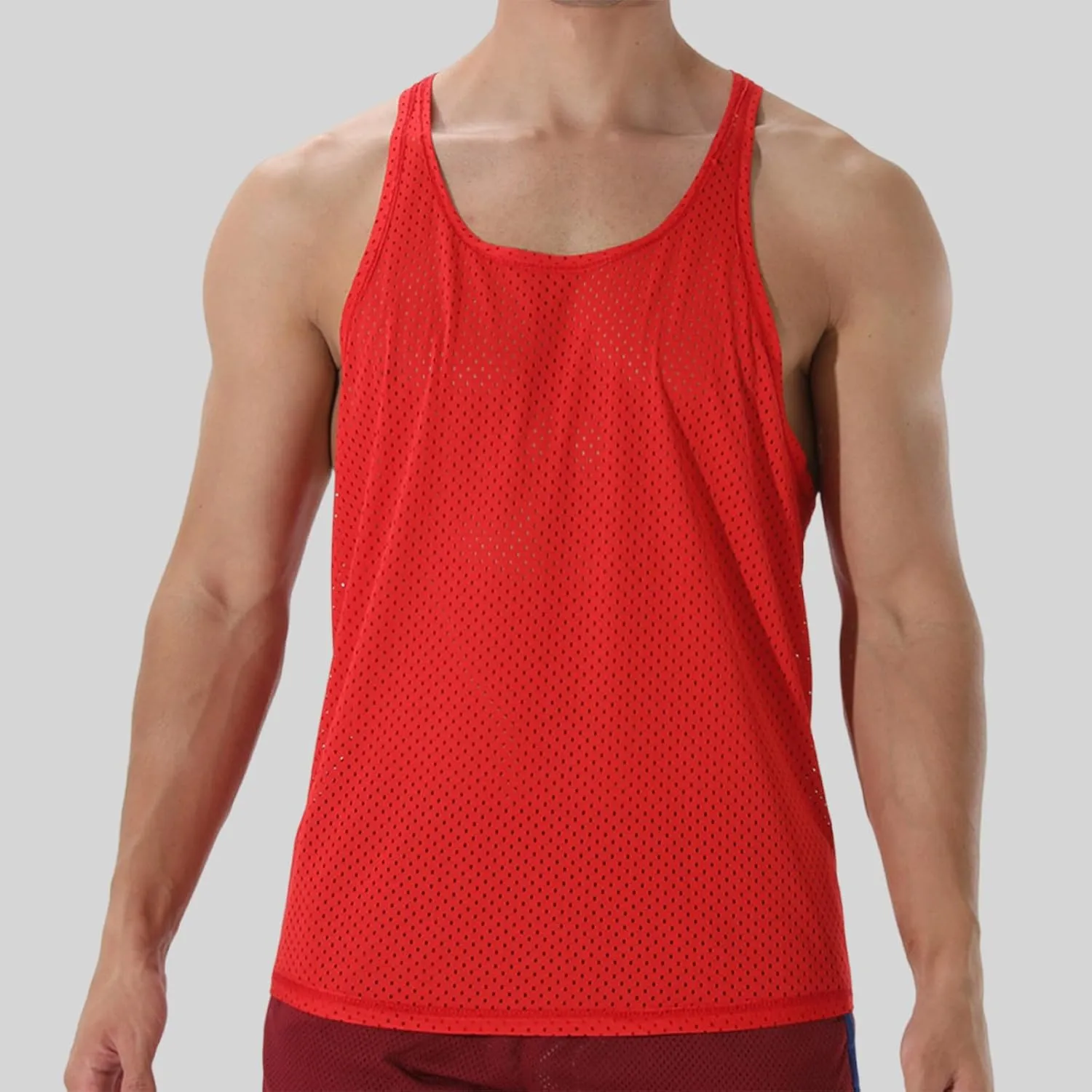 Men's Round Neck Workout Tank Top Mesh Racerback Sleeveless Gym Muscle T Shirts Summer Quick Dry Breath Athletic Shirt