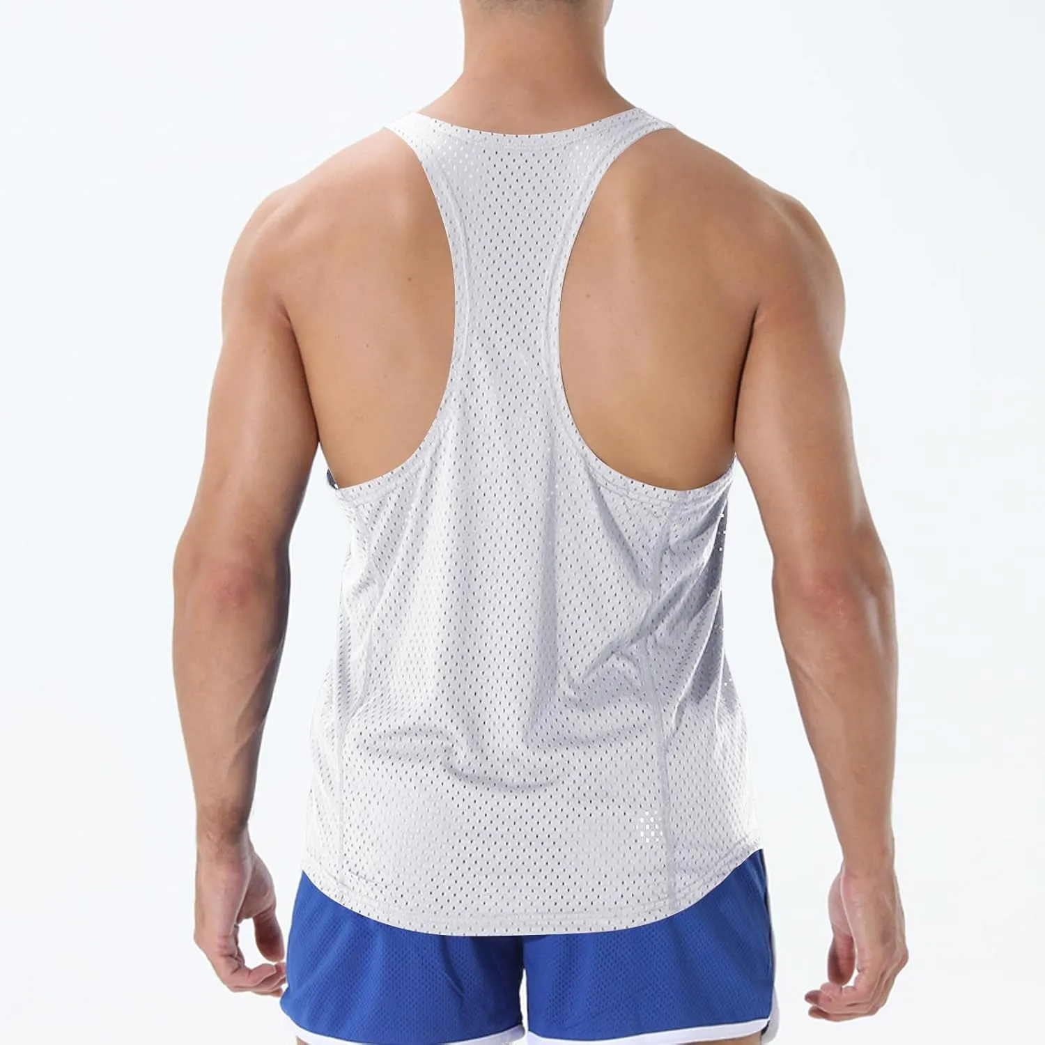 Men's Round Neck Workout Tank Top Mesh Racerback Sleeveless Gym Muscle T Shirts Summer Quick Dry Breath Athletic Shirt