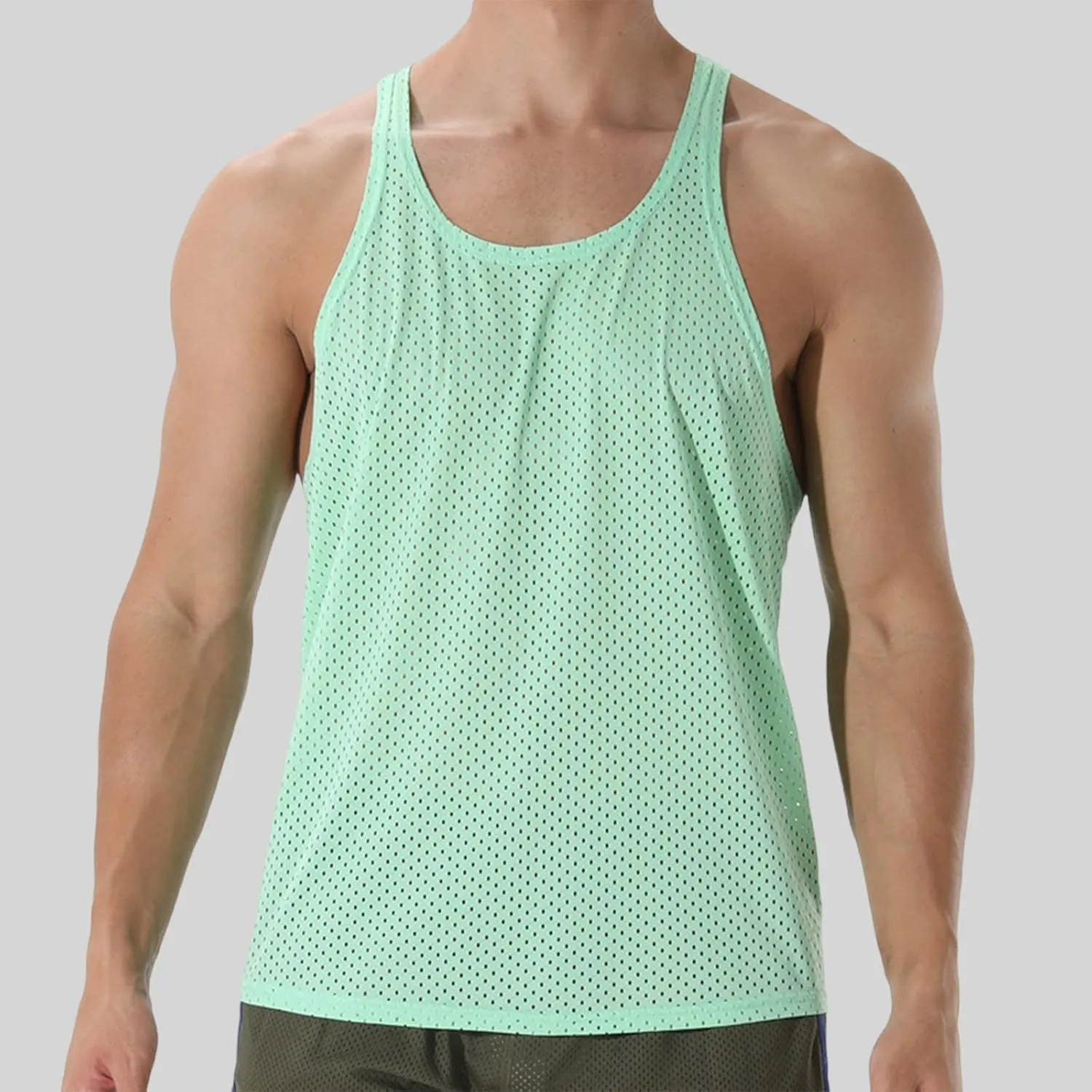 Men's Round Neck Workout Tank Top Mesh Racerback Sleeveless Gym Muscle T Shirts Summer Quick Dry Breath Athletic Shirt
